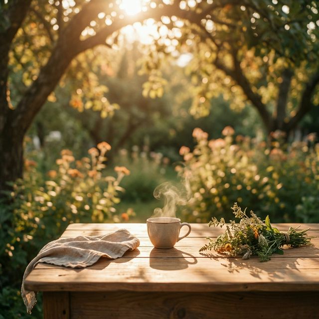 朝のガーデン — 木漏れ日の中のコーヒー